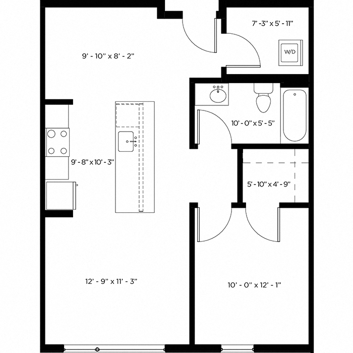 Floor plan for 1 bed, 1 bath, 804 sqft
